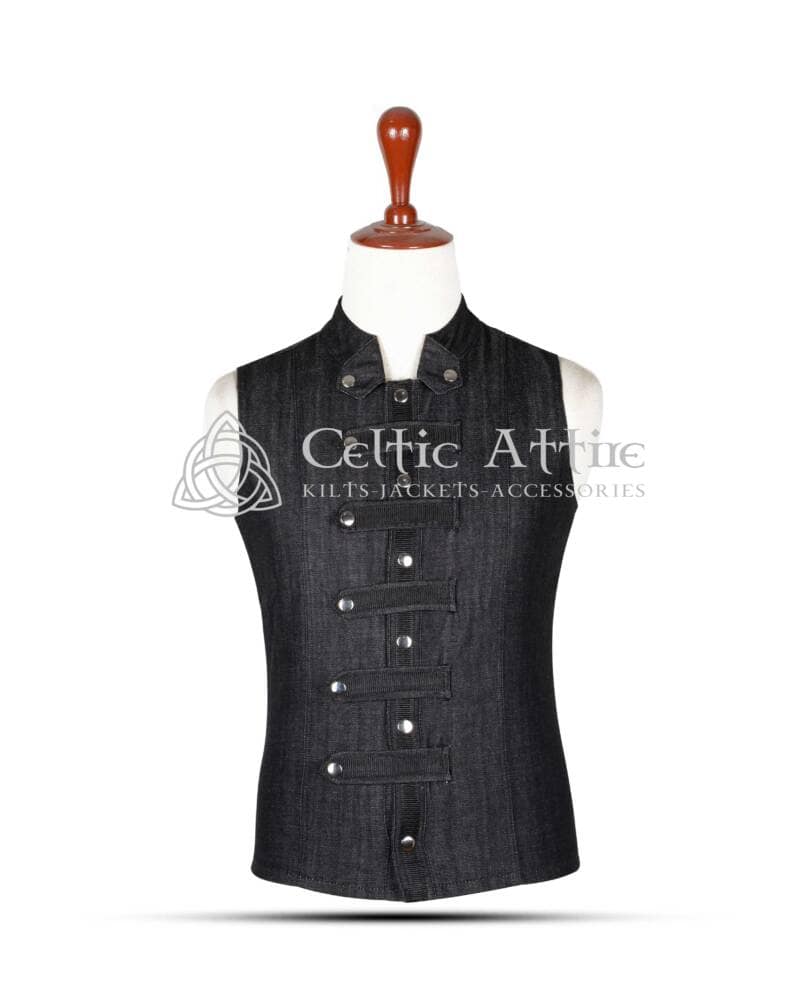 Black-Denim-Punk-Rock-Vest-Front-View Black Denim Punk Rock Vest