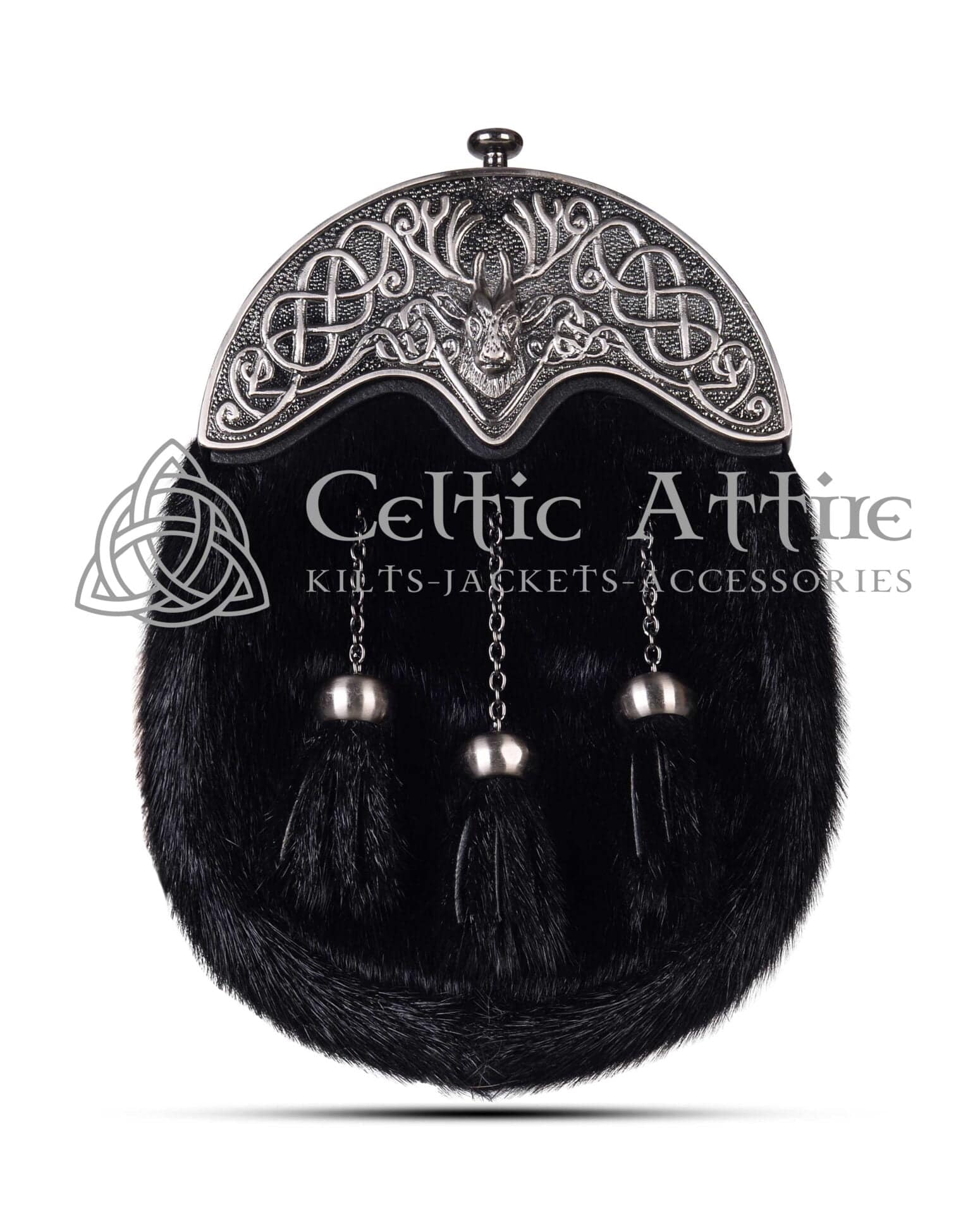 Black Seal Fur Full Dress Sporran Nickle Brushed Stag Head Cantle