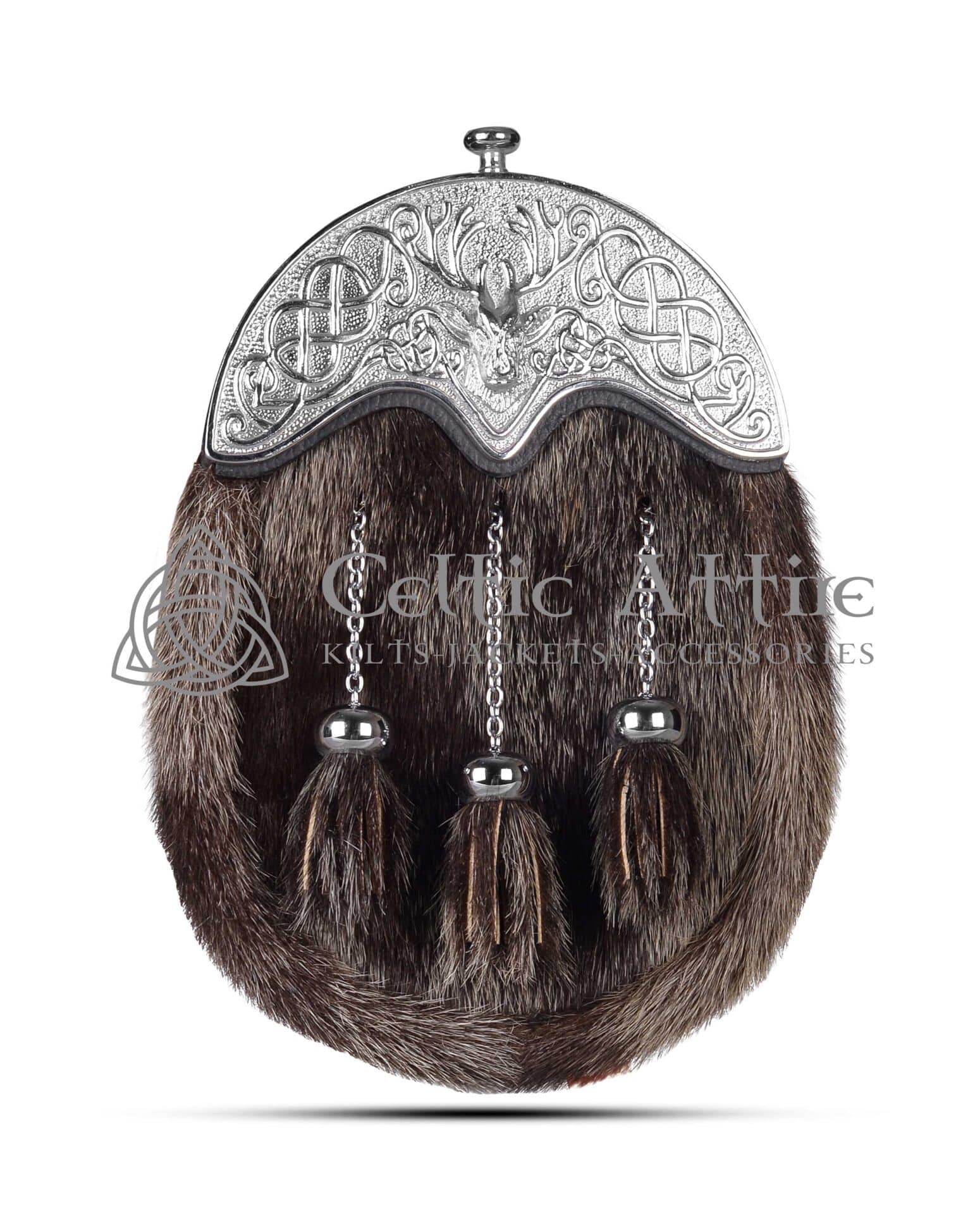 Dark Brown Seal Fur Full Dress Sporran Silver Stag Head Cantle
