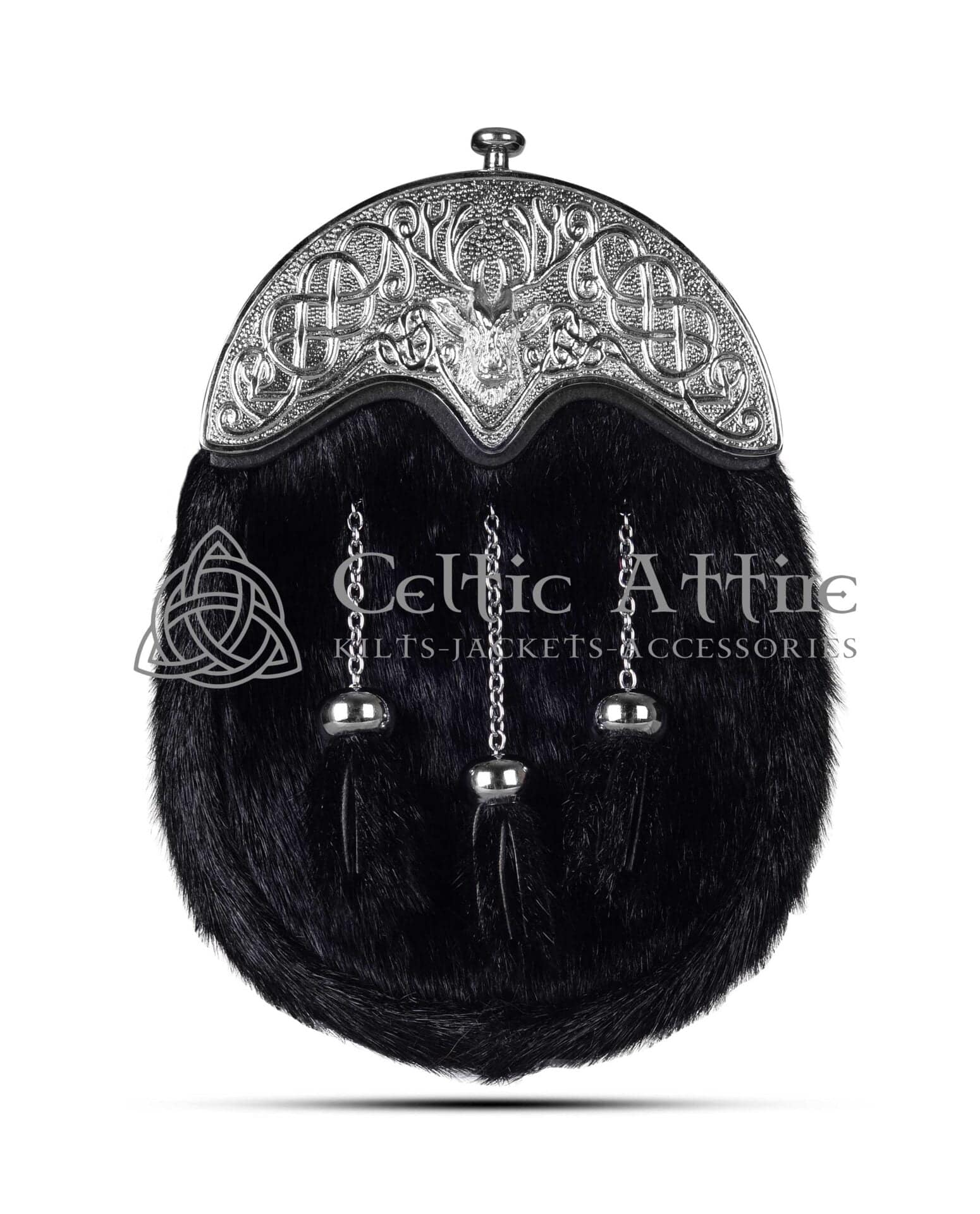 Black Seal Fur Full Dress Sporran Silver Stag Head Cantle