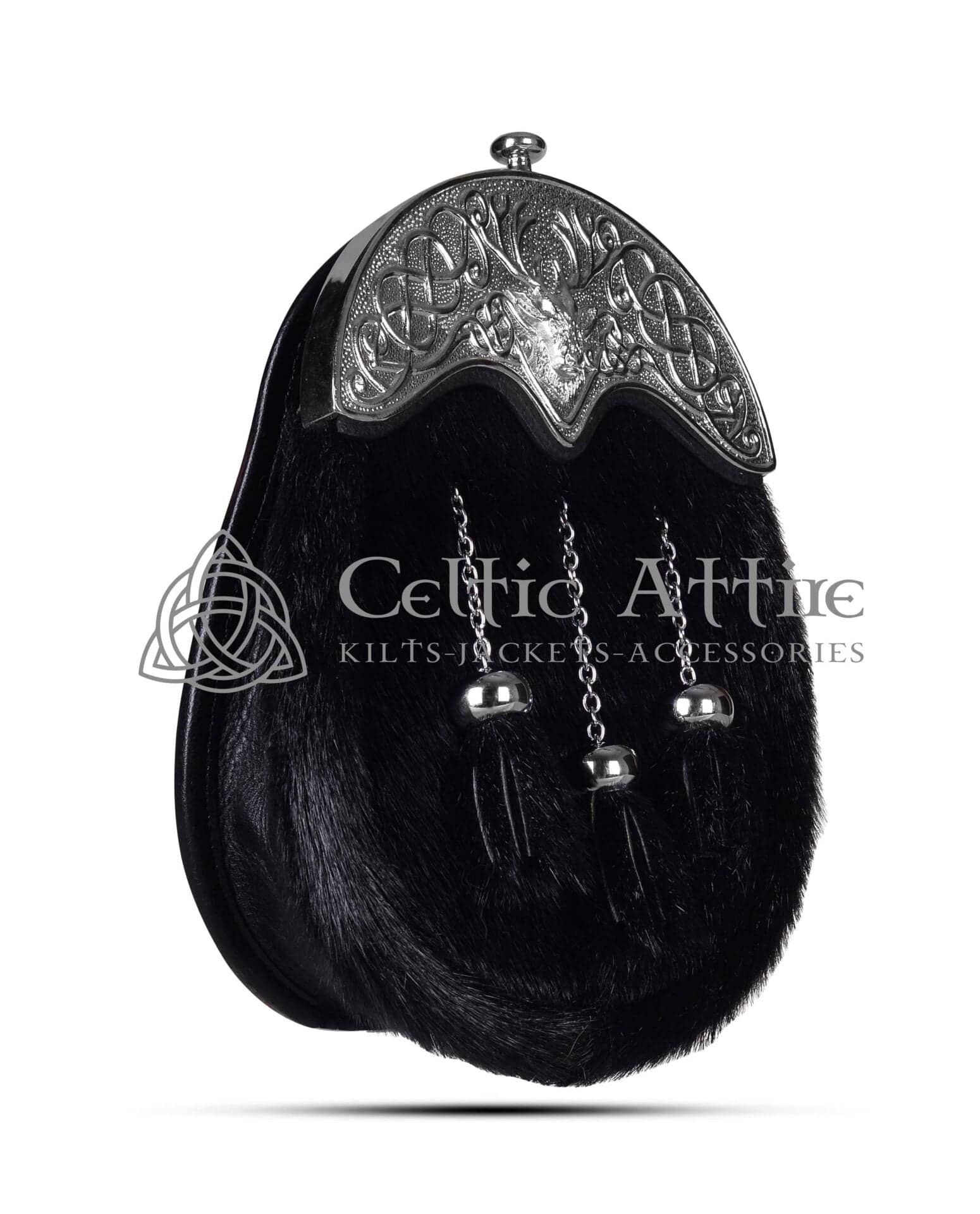 Black Seal Fur Full Dress Sporran Silver Stag Head Cantle