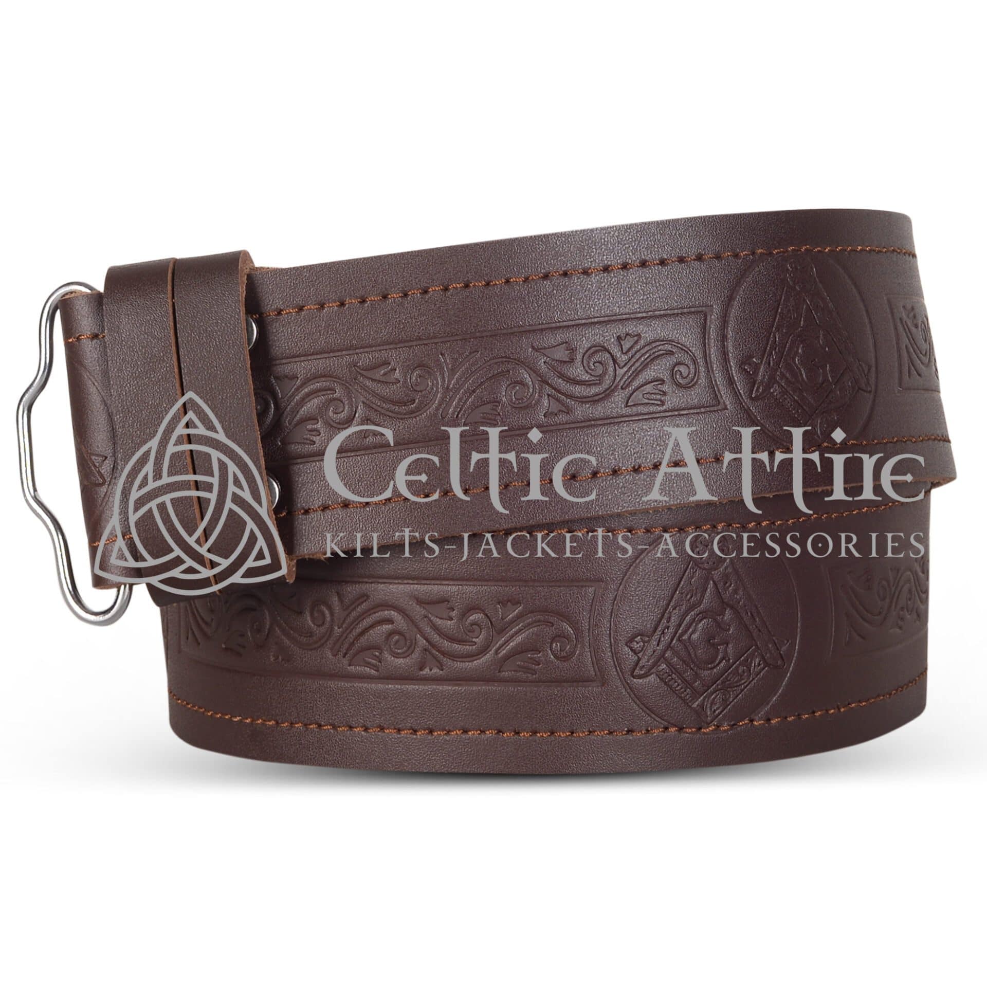 Masonic Embossed Brown Leather Kilt Belt
